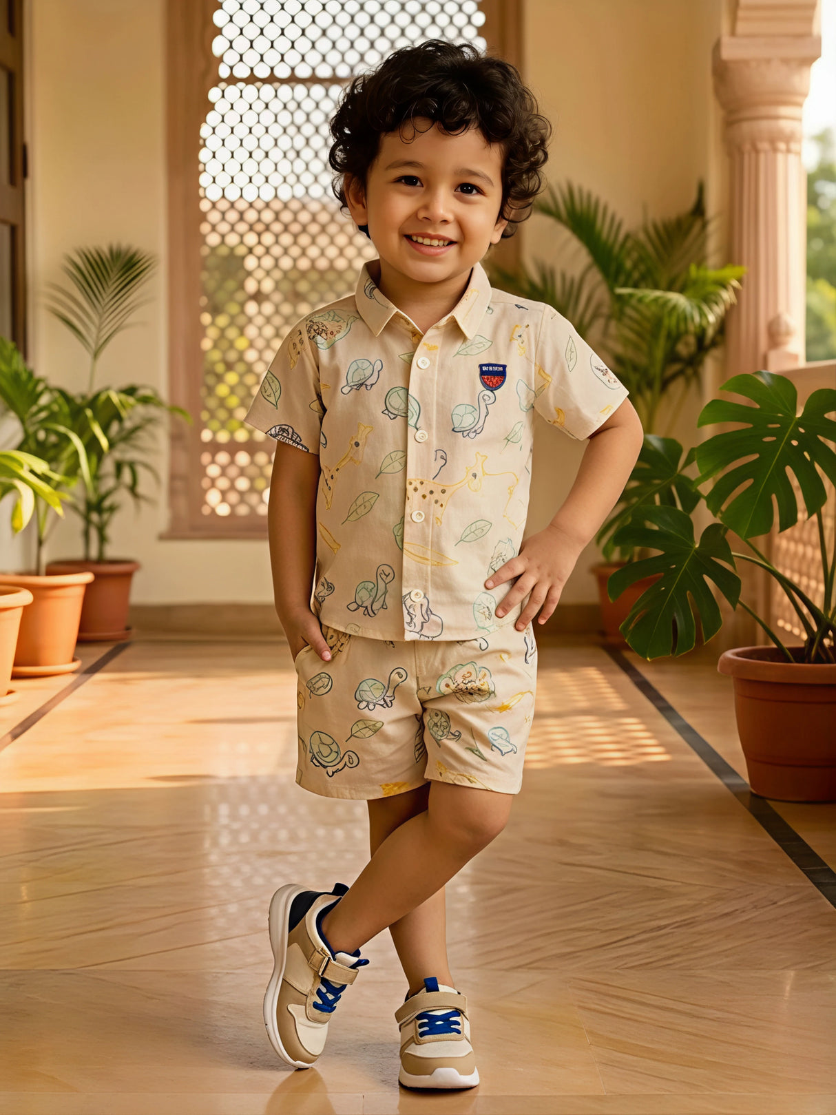 Boys Cream Animal Print Shirt and Shorts Coordinate Set