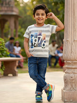 Boys Grey & White Striped Graphic Print Cotton T-Shirt