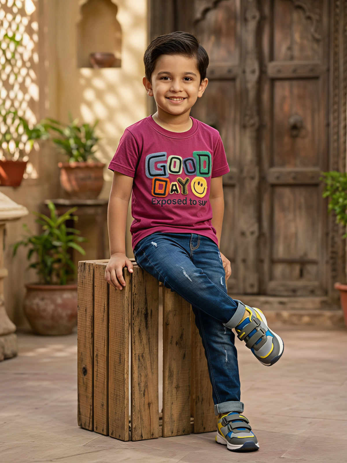 Boys Maroon "Good Day" Graphic Cotton T-Shirt