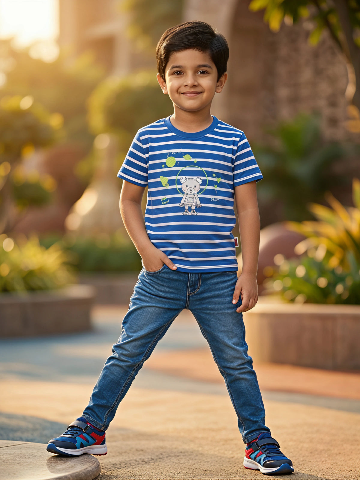 Boys Blue Striped Space Explorer Graphic T-Shirt