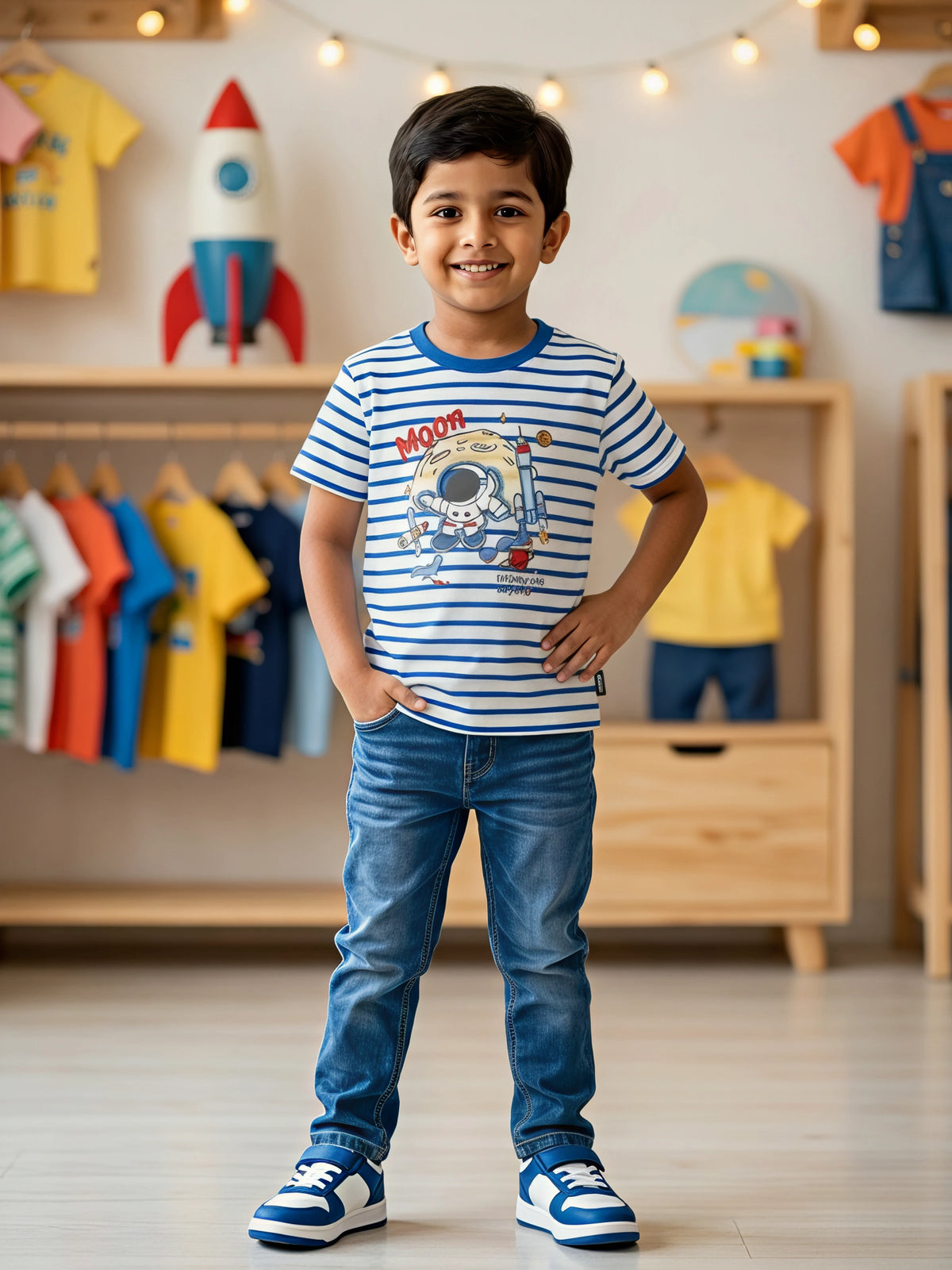 Boys Blue Striped Moon Astronaut Graphic T-Shirt