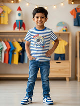 Boys Blue Striped Moon Astronaut Graphic T-Shirt