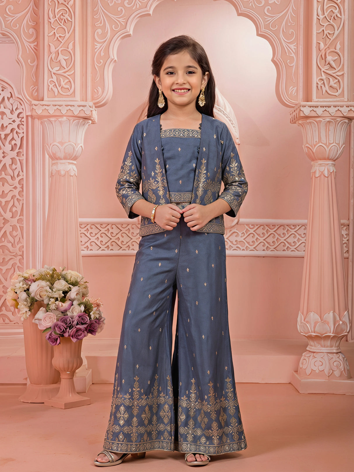 Girls' Deep Teal (Grey) Embroidered Crop Top, Palazzo & Jacket Set