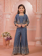 Girls' Deep Teal (Grey) Embroidered Crop Top, Palazzo & Jacket Set