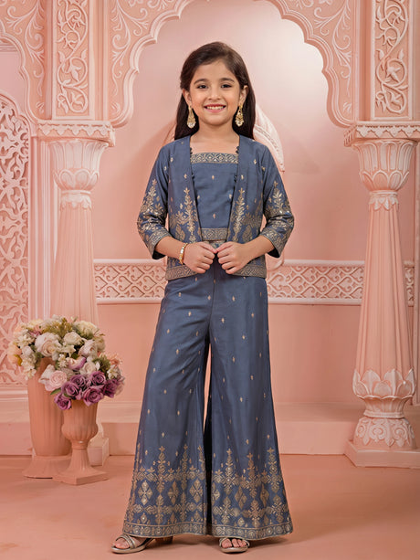 Girls' Deep Teal (Grey) Embroidered Crop Top, Palazzo & Jacket Set