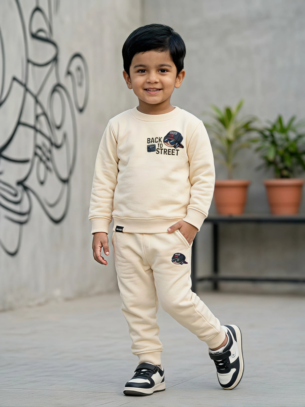 Boys Cream Tracksuit Set – “Back to Street” Printed Sweatshirt & Joggers