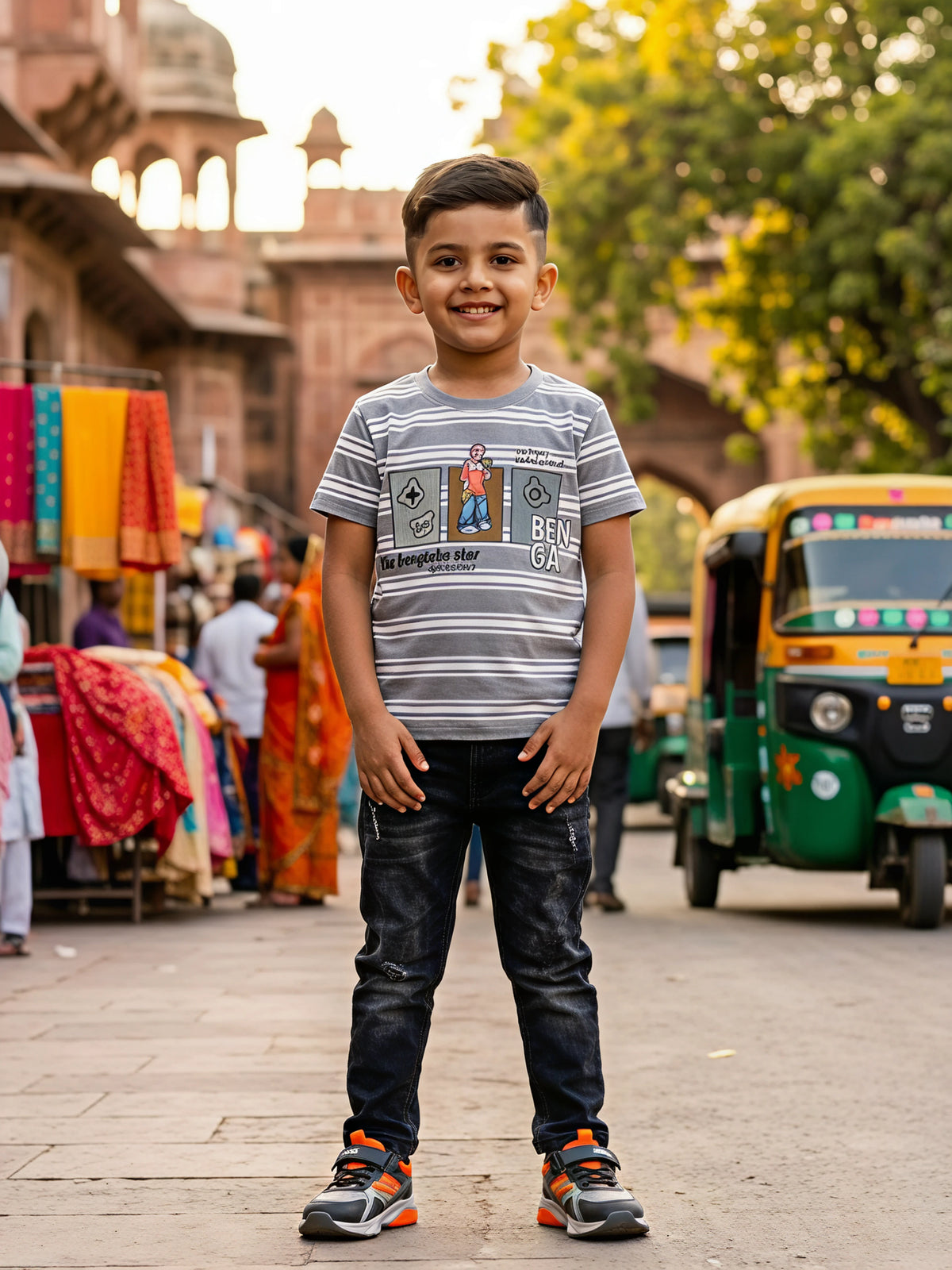 Boys' Casual Grey Striped Graphic T-Shirt