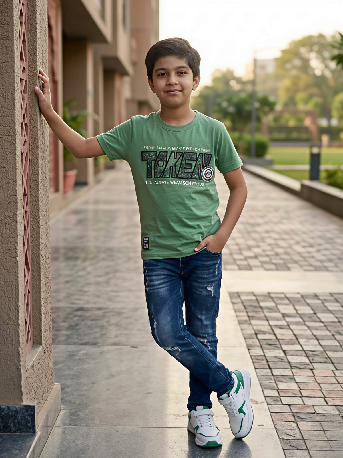 Boys Graphic Print Sage Green Cotton T-Shirt