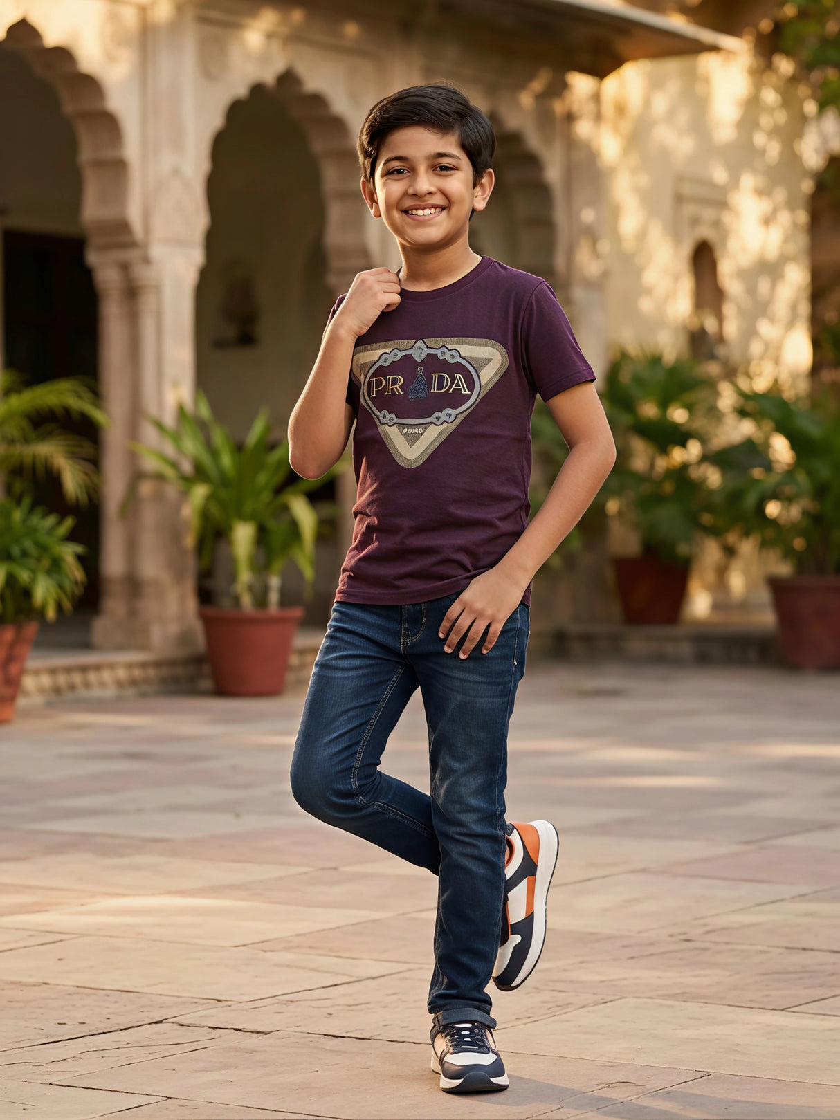 Boys' Maroon Graphic Print Cotton T-Shirt