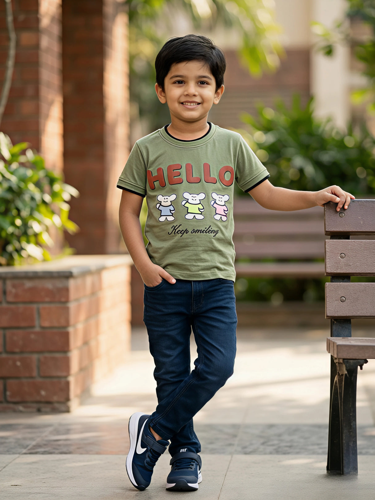 Boys Olive Green "Hello" Graphic T-Shirt