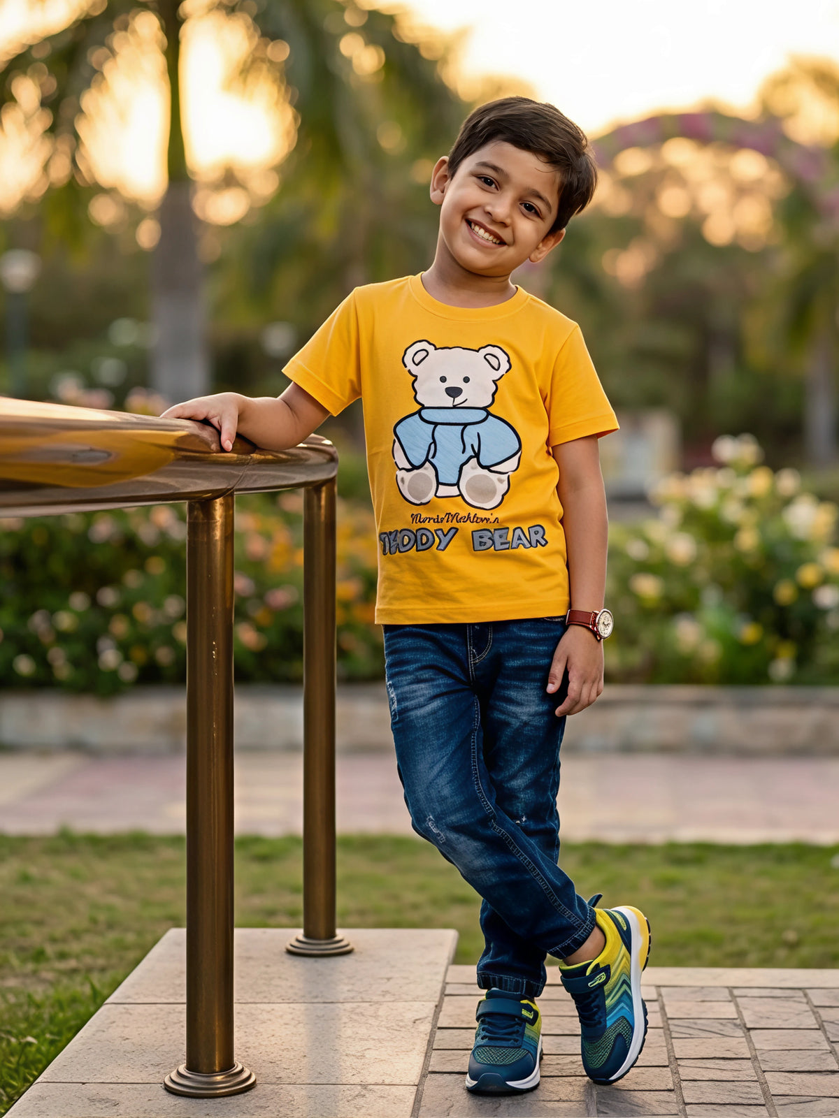 Boys Vibrant Yellow Teddy Bear Graphic Cotton T-Shirt