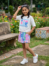 Girls Bloom With Grace Blue Graphic Top and Printed Skirt Set