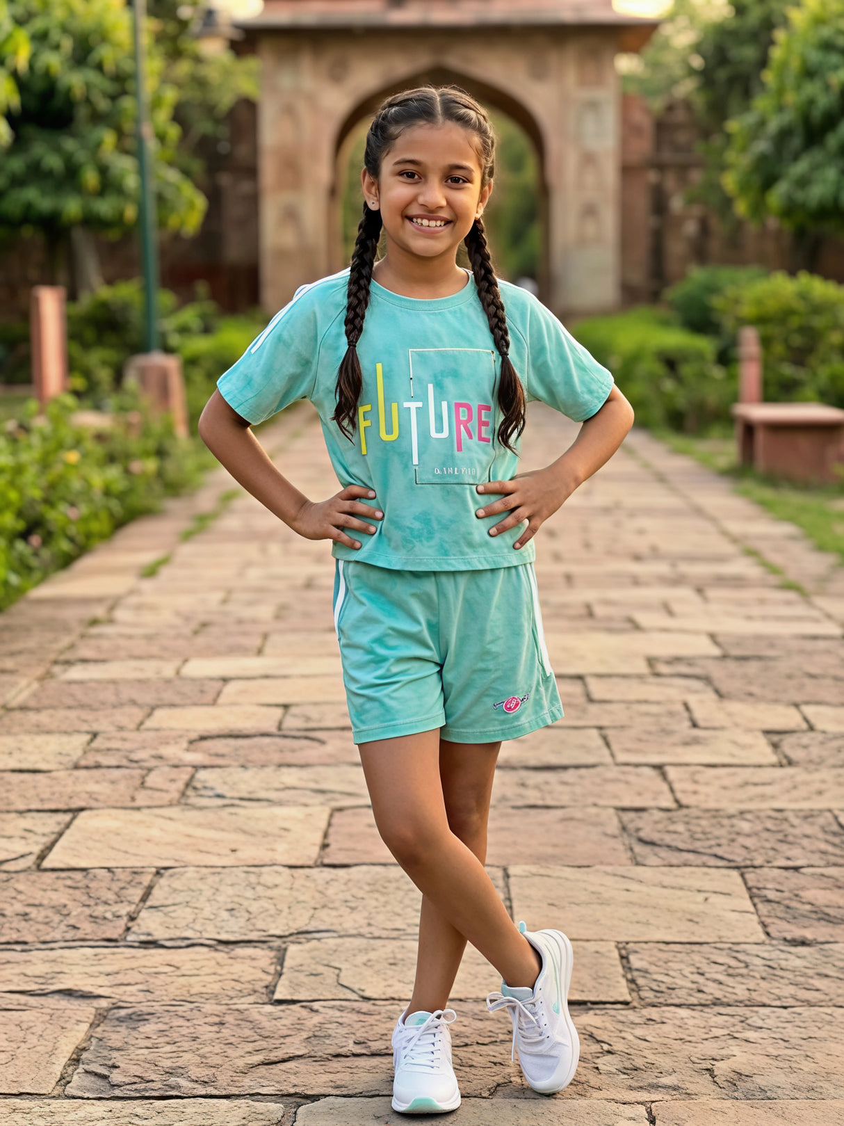 Girls Green "FUTURE" Printed Cotton Blend T-Shirt and Shorts Co-ord Set