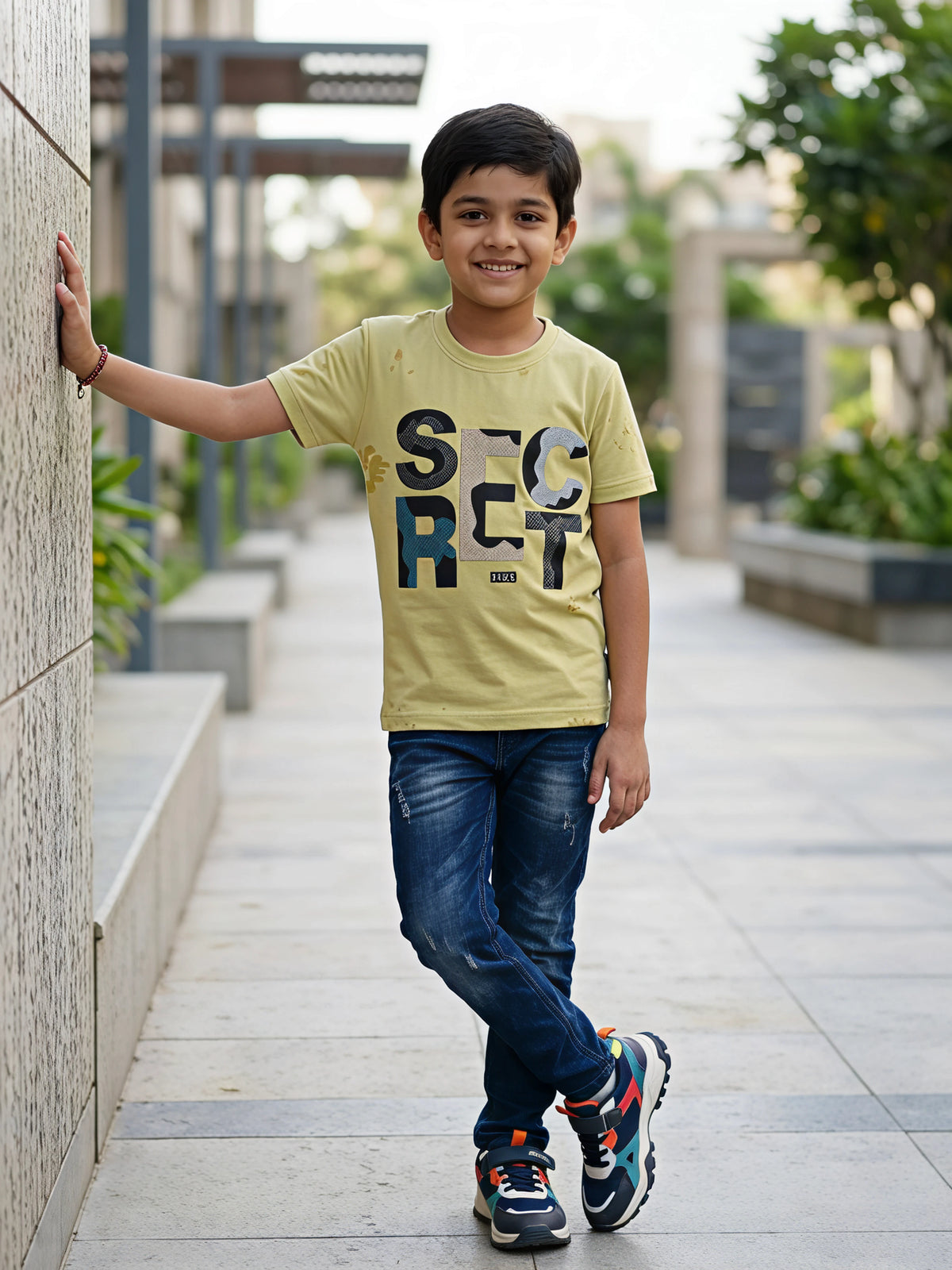 Boys Lime Green "SECRET" Graphic Print Cotton T-Shirt