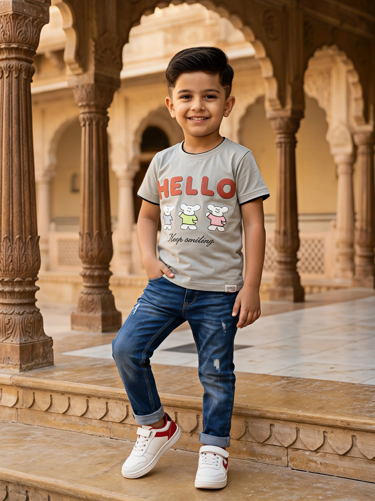 Boys Grey "HELLO" Graphic Print Round Neck T-Shirt