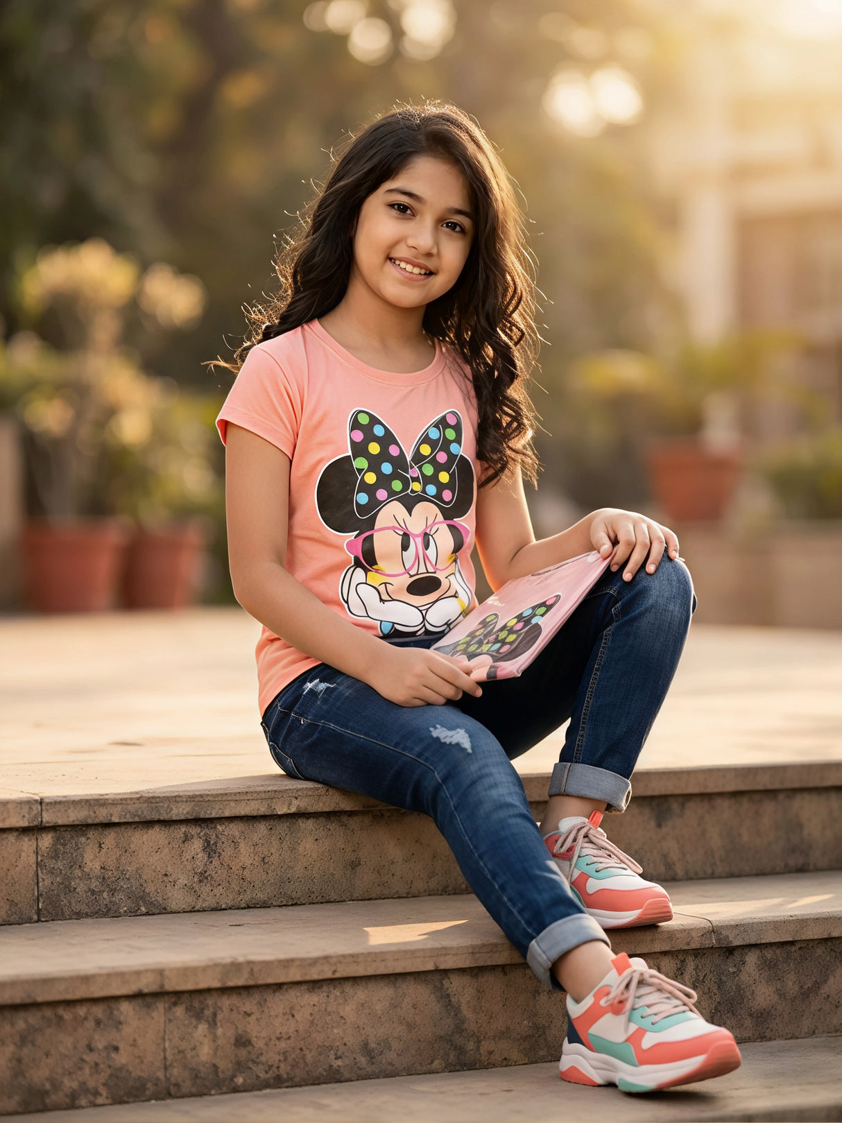 Disney Minnie Mouse Kids' Peach Graphic Cotton Clothing Top.