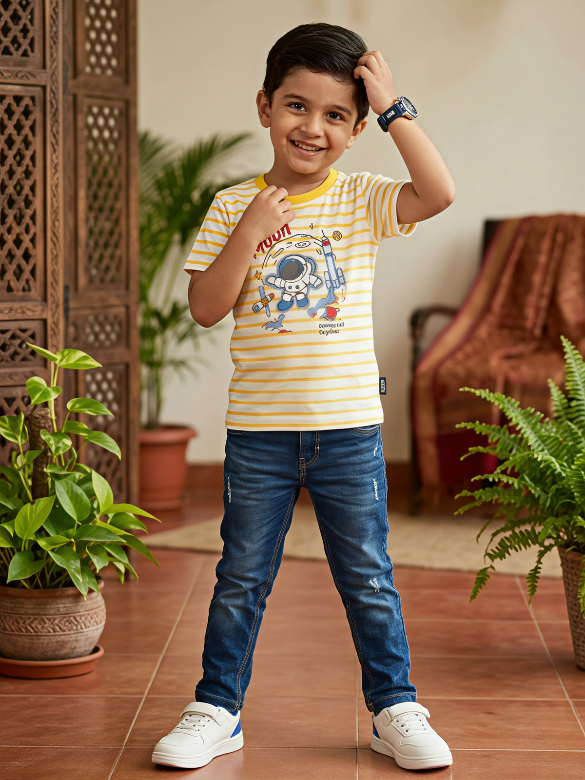 Boys Yellow Striped Astronaut Moon Graphic T-Shirt