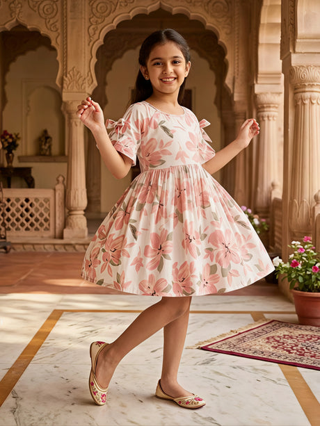Girls Peach Floral Print Cotton Frock with Bow Sleeves