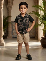Boys Black Floral Print Cuban Collar Shirt and Beige Shorts Co-ord Set
