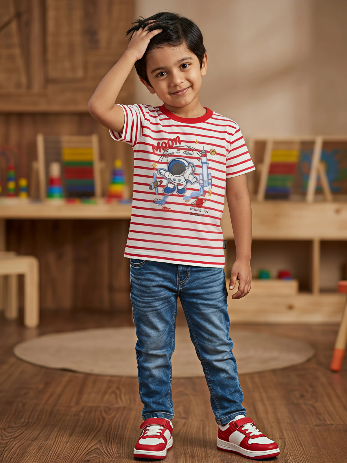 Boys Red Striped Astronaut Graphic T-Shirt