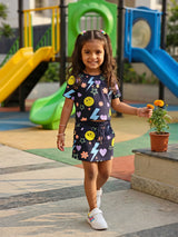Girls Navy Blue Graphic Print T-Shirt and Skirt Co-ord Set