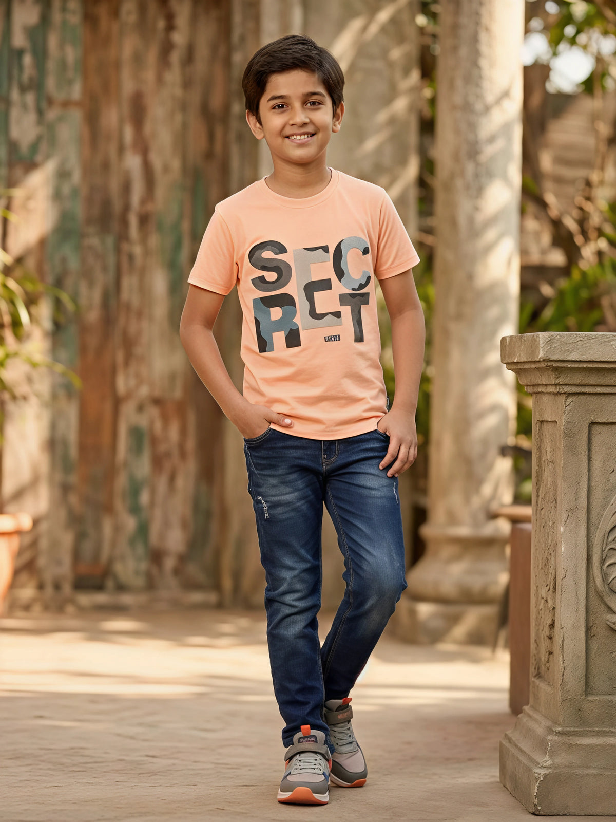 Boys Peach "SECRET" Camo Graphic T-Shirt