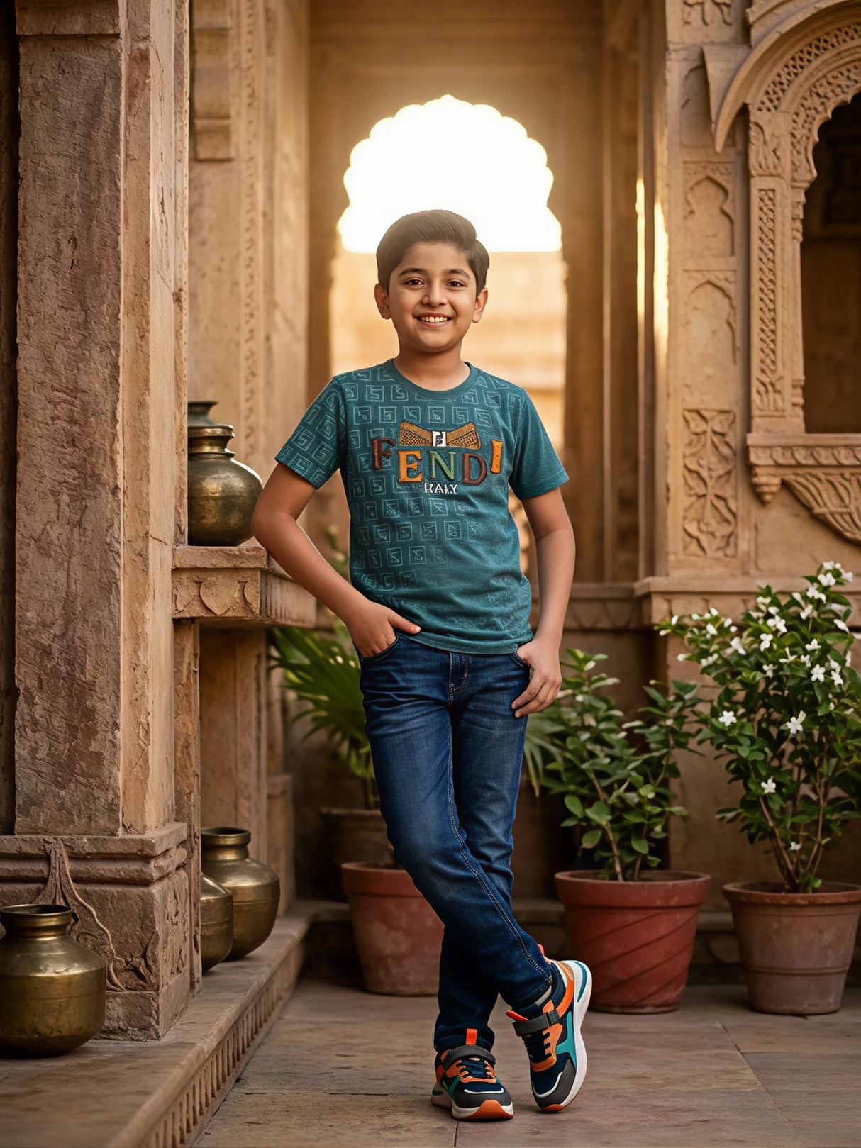 Boys Traditional Printed Green Cotton T-Shirt