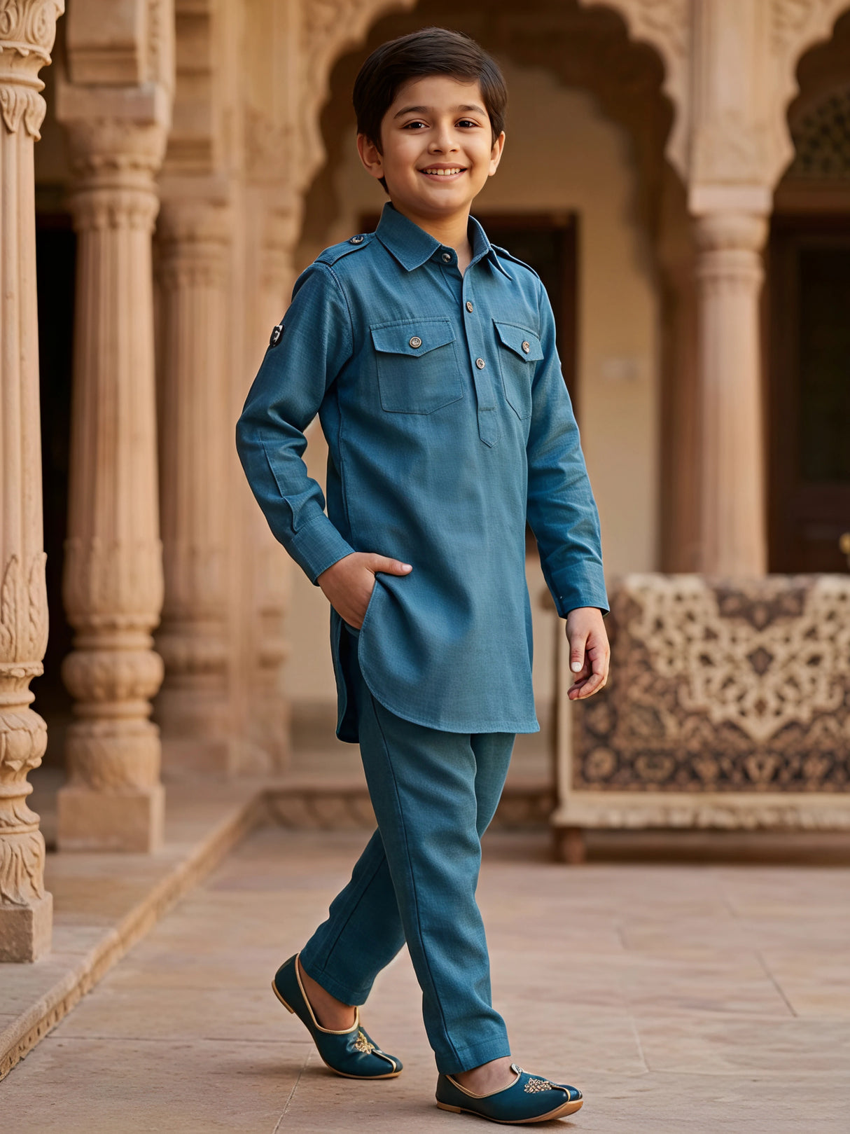 Boys Emerald Green Pathani Kurta Set with Pocket Details