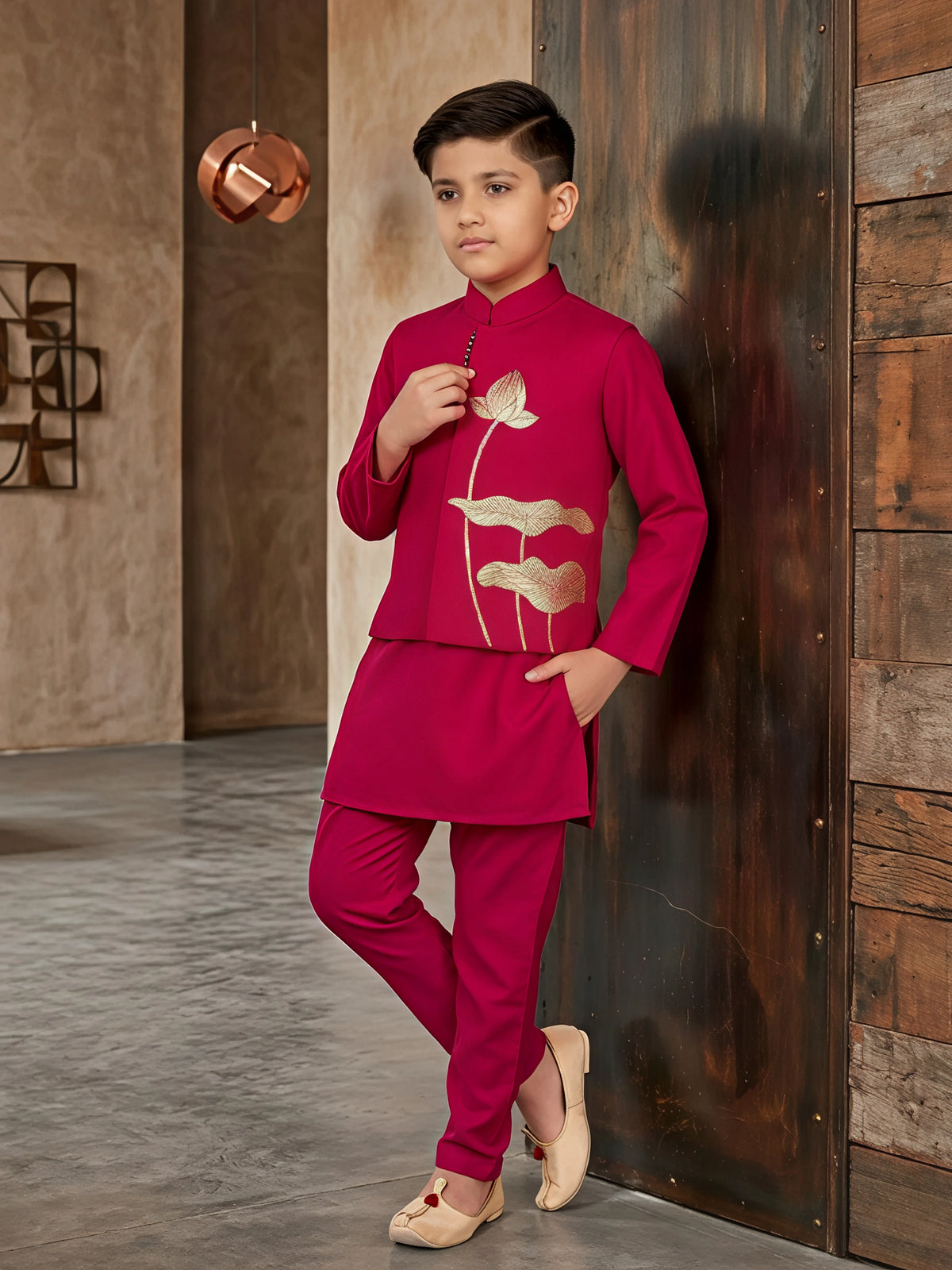 Boys Rani Pink Lotus Embroidered Kurta & Nehru Jacket Set