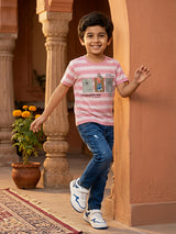 Boys' Pink Striped Graphic Print Cotton Casual T-Shirt