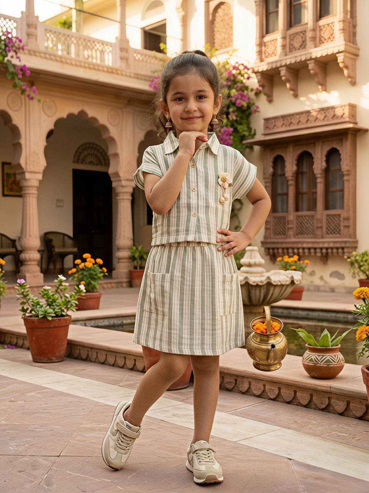 Girls Sage Green Striped Cotton Co-ord Set