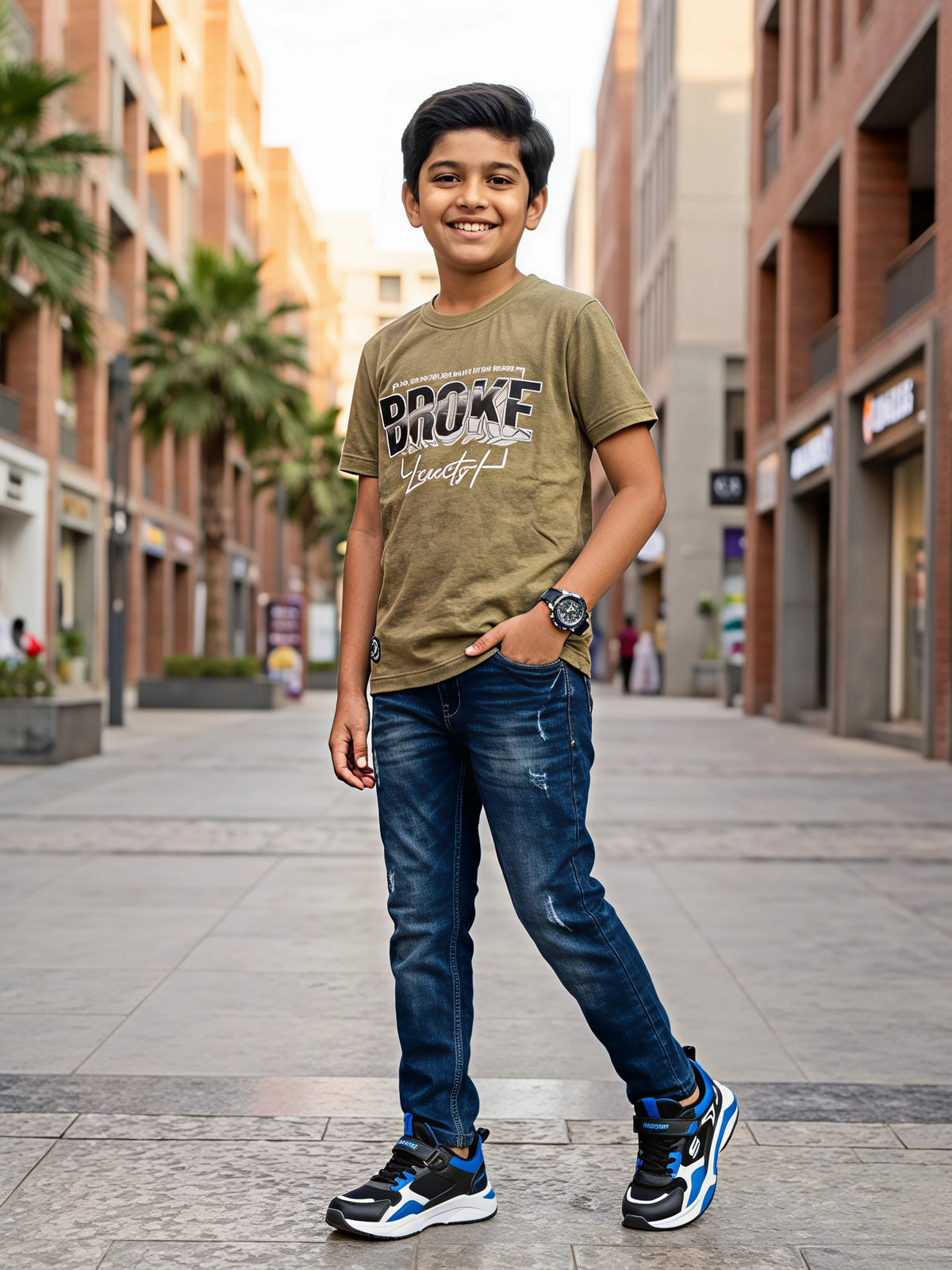 Boys Olive Green Graphic Print Cotton T-Shirt