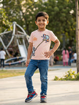 Boys Peach Robot & UFO Graphic Cotton T-Shirt