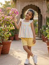 Girls Pastel Striped Ruffle Top and Yellow Cargo Shorts Coordinate Set