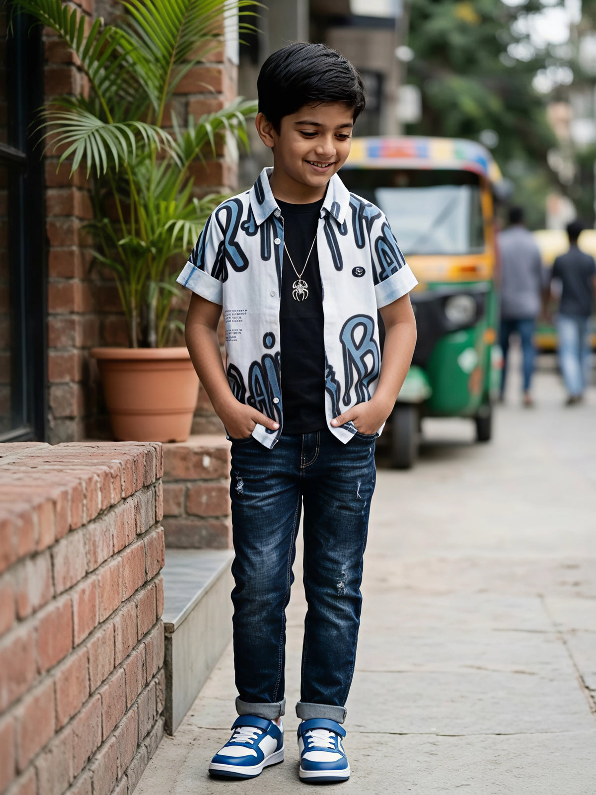 Boys Stylish Blue Graffiti Print Shirt and T-Shirt Set