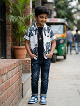 Boys Stylish Blue Graffiti Print Shirt and T-Shirt Set