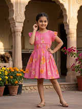 Girls Pink Floral Smocked Waist Frock with Flutter Sleeves