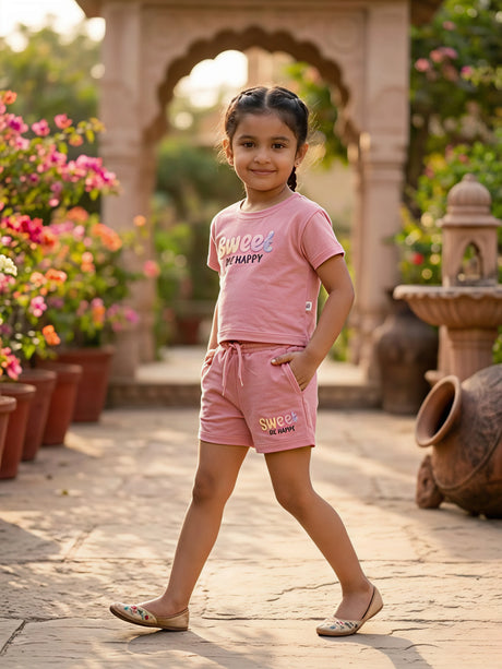 Girls Pink "Sweet Be Happy" Cotton Coordinate Set