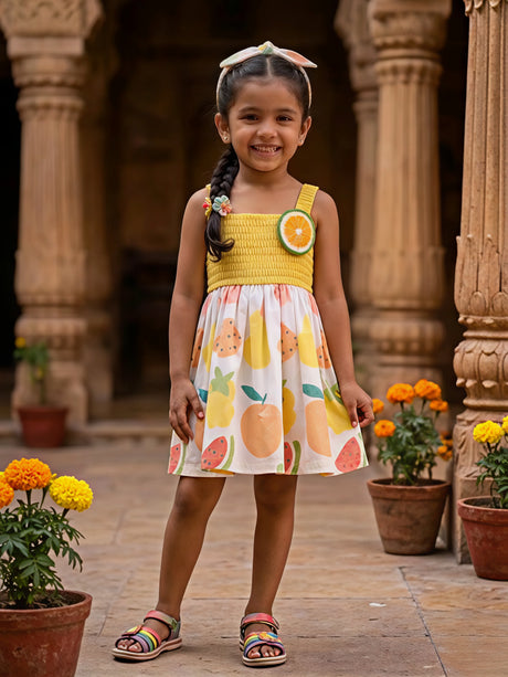 Girls Vibrant Yellow Smocked Cotton Frock with Fruit Print
