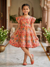 Vibrant Orange Floral Cotton Frock for Girls
