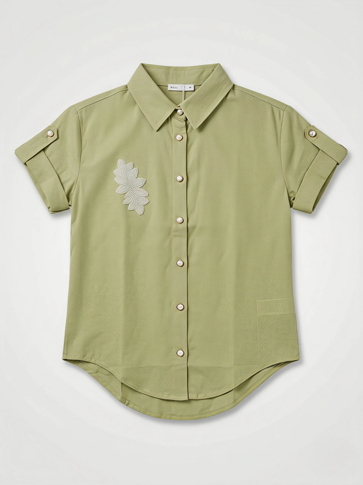 Girls Sage Green Embroidered Cotton Shirt
