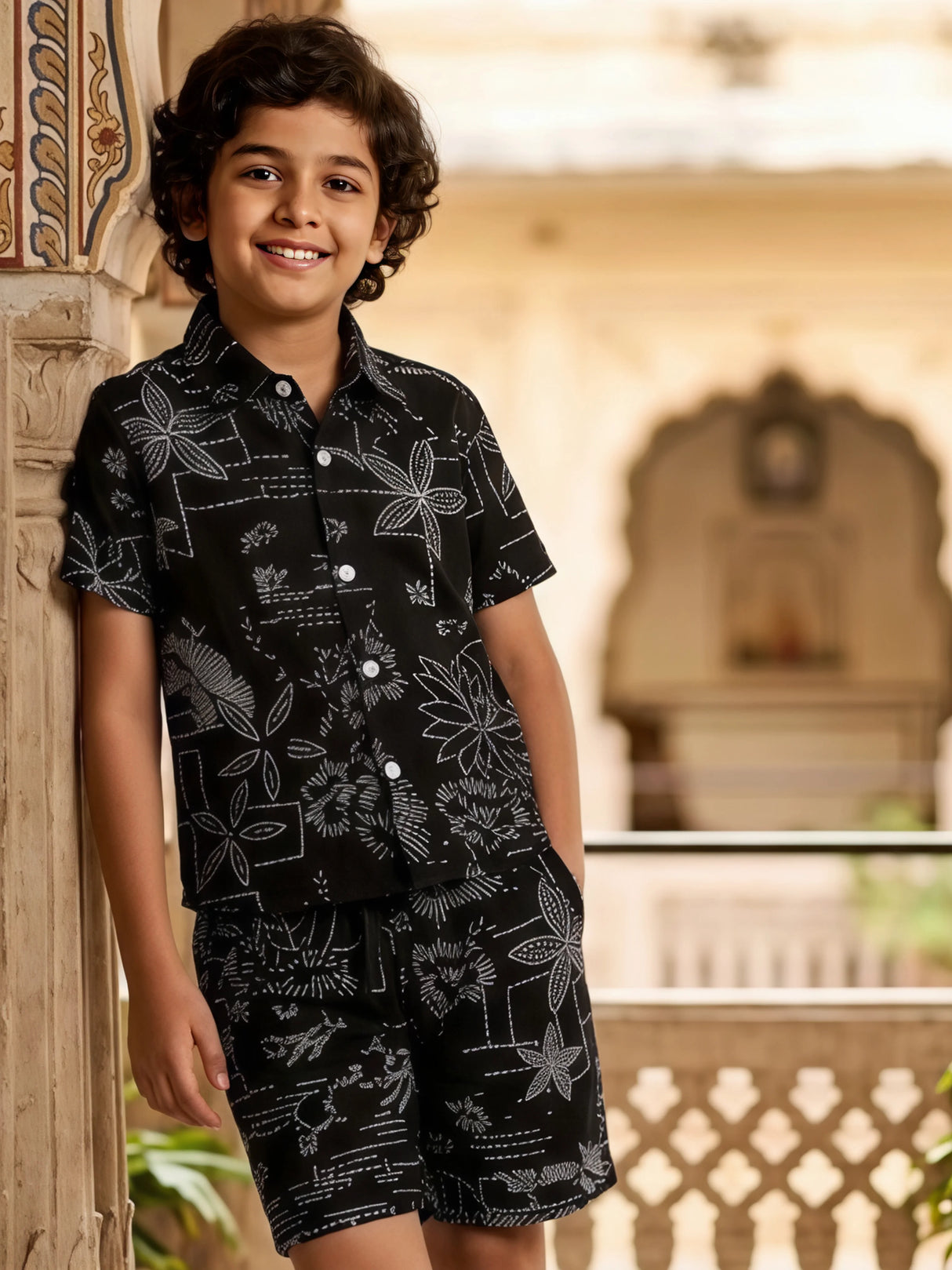 Boys' Midnight Bloom Black Printed Cotton Co-ord Set