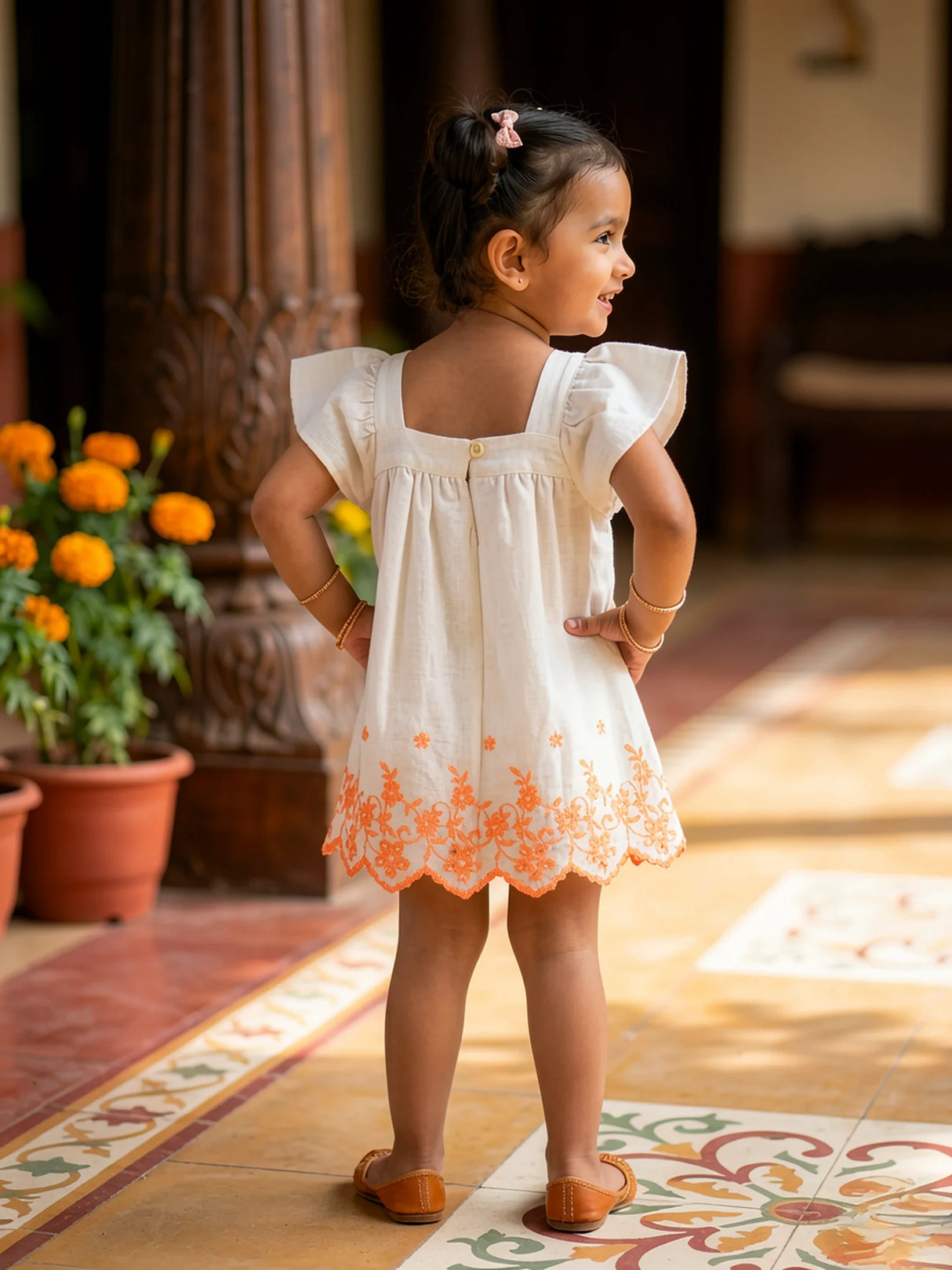 Cream Embroidered Girls Frock with Ruffle Sleeves