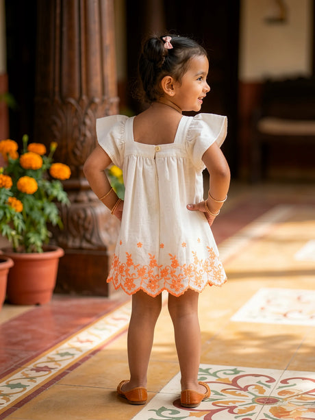 Cream Embroidered Girls Frock with Ruffle Sleeves