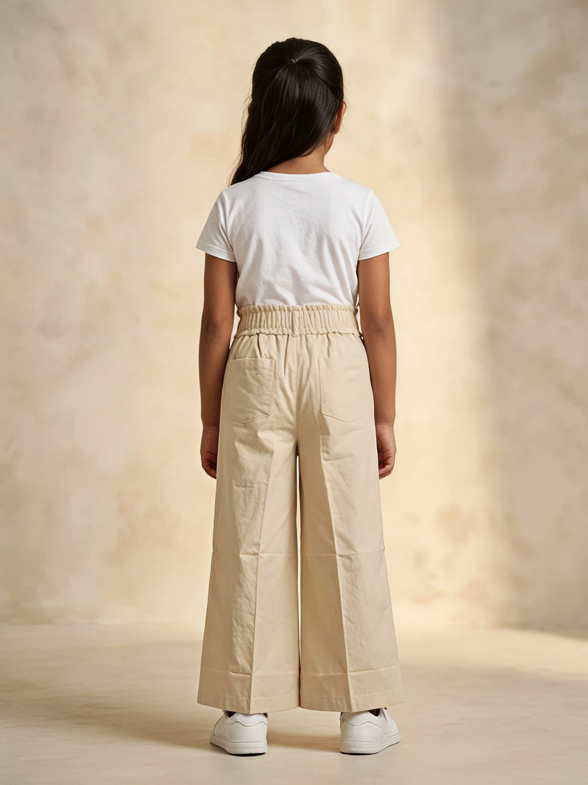Girls Cream Paperbag Waist Casual Trousers