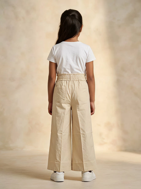 Girls Cream Paperbag Waist Casual Trousers