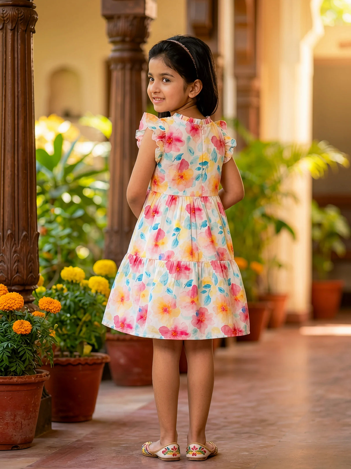 Girls Pink Floral Tiered Cotton Frock