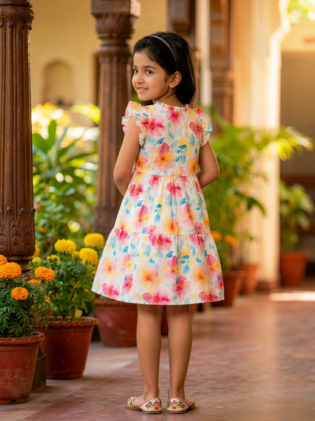 Girls Pink Floral Tiered Cotton Frock