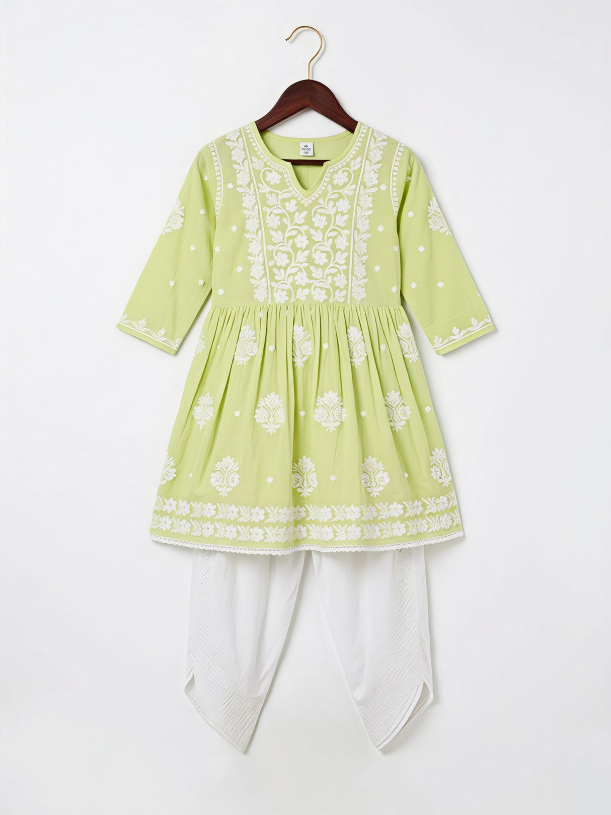 Girls' Lime Green Chikankari Embroidered Dhoti Set ()