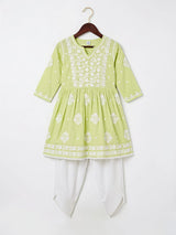 Girls' Lime Green Chikankari Embroidered Dhoti Set ()